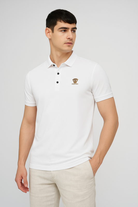 Embroidered White Regular Fit V Logo T-Shirt