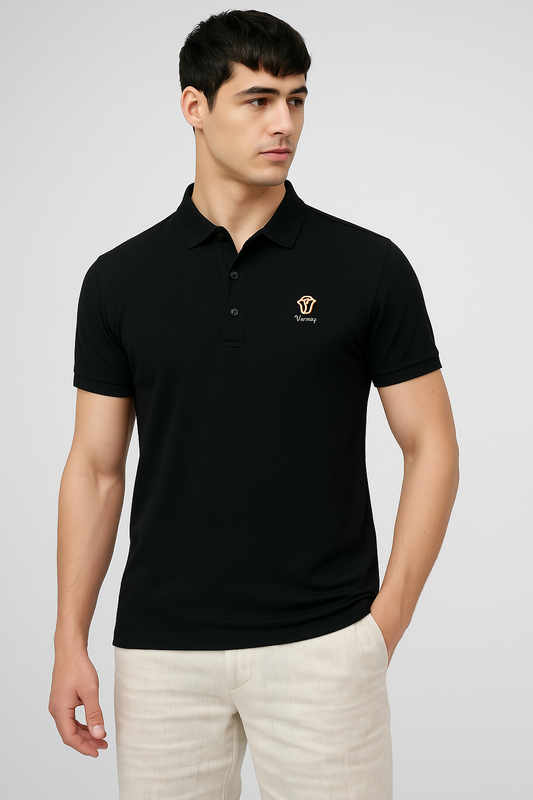 Embroidered Black Regular Fit V Logo T-Shirt